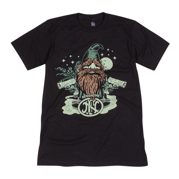 Black t-shirt with the Tactical Gnome image on the middle front.