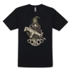 Black t-shirt with an illustration of the classic FN America Gnome in the front center.  He is holding a golden machine gun, and wearing a green hat. It is written "#FNGNOME" under him, with a dark version of the FN America logo under that.