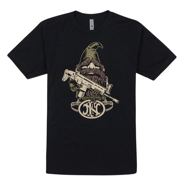 Black t-shirt with an illustration of the classic FN America Gnome in the front center.  He is holding a golden machine gun, and wearing a green hat. It is written "#FNGNOME" under him, with a dark version of the FN America logo under that.