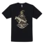 Black t-shirt with an illustration of the classic FN America Gnome in the front center.  He is holding a golden machine gun, and wearing a green hat. It is written "#FNGNOME" under him, with a dark version of the FN America logo under that.