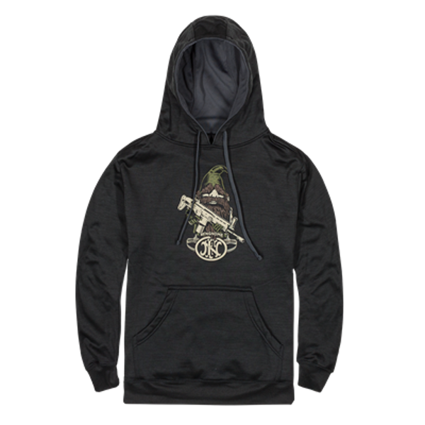 Black performance hoodie from FN eStore with the gnome illustration i n the middle.
