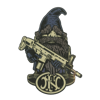 FN America SCAR Gnome Decal, he is wearing a blue gnome hat and holding a golden machine gun. Under it, there is a dark version of the FN America logo.