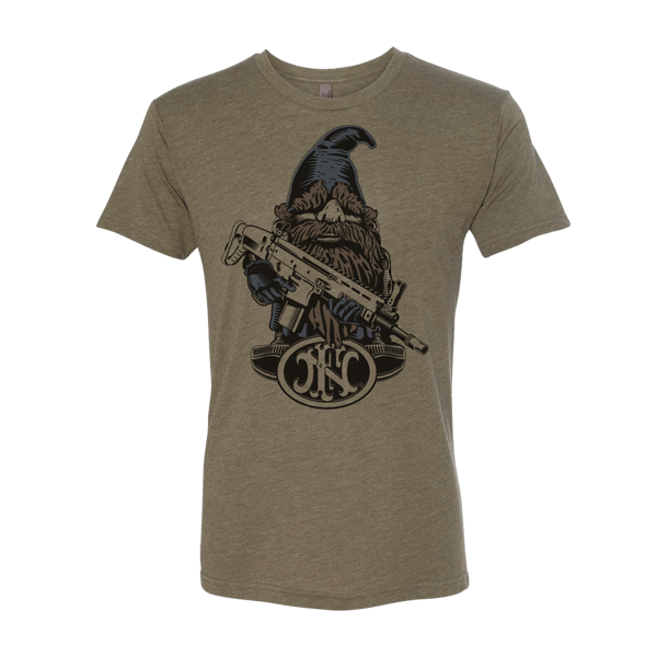 Gray t-shirt with the FN America classic Gnome illustration on the front center. He is holding a machine gun and wearing his hat.