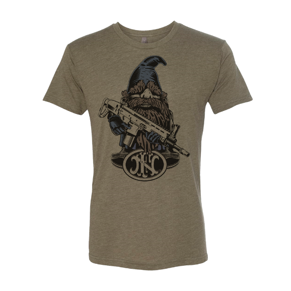 Gray t-shirt with the FN America classic Gnome illustration on the front center. He is holding a machine gun and wearing his hat.