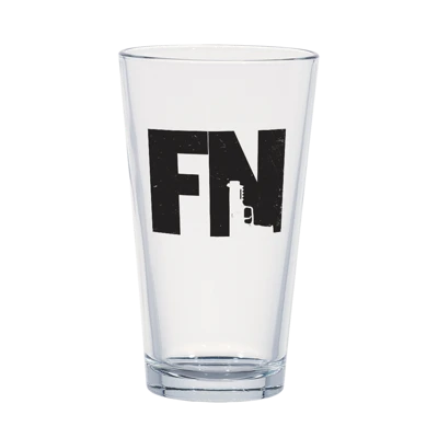 Transparent pint glass with a black FN sticker on it