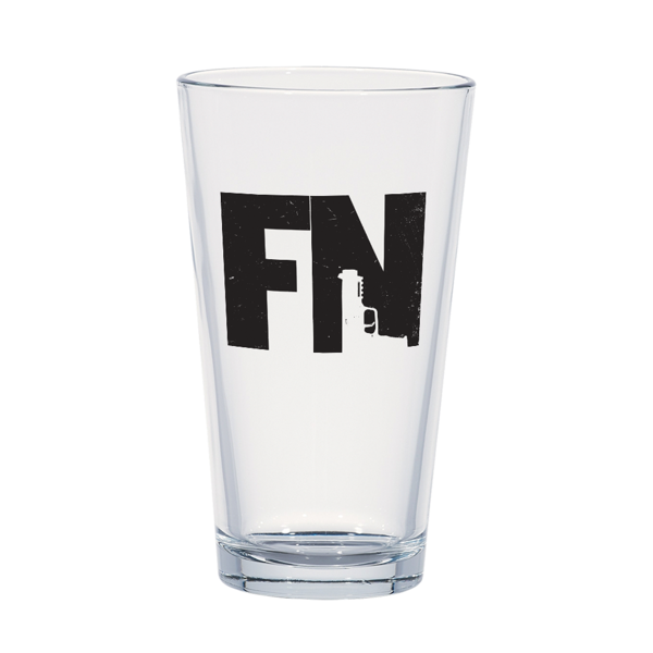 Transparent pint glass with a black FN sticker on it