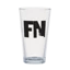 Transparent pint glass with a black FN sticker on it