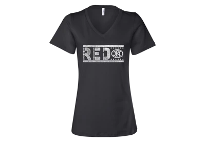 Black ladies v-neck shirt with R.E.D. written in white on the center