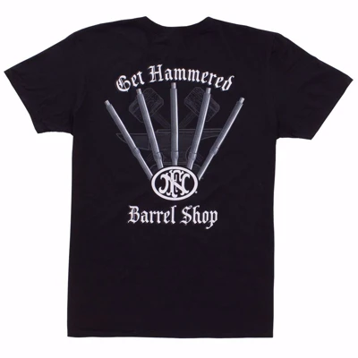 Back of the black t-shirt written "get hammered barrel shop" in white and the FN America logo in the middle