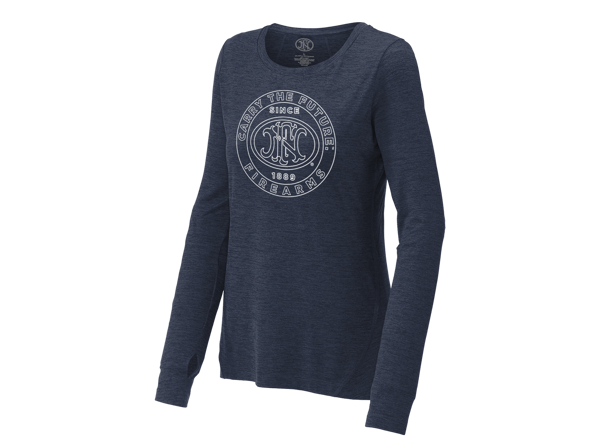 Blue long-sleeve ladies shirt written in white "Carry the future firearms" around the FN America logo