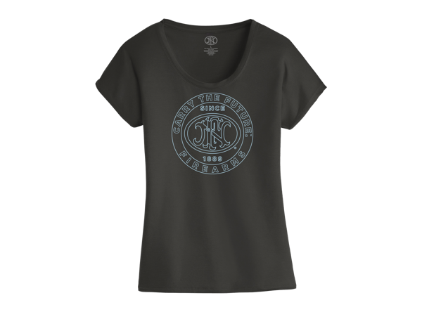 Gray t-shirt with the FN America logo in the middle, written "carry the future FN firearms" around it
