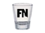 Transparent shot glass with a black FN logo printed on it