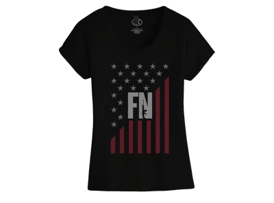 Black t-shirt with the american flag in red and white, and the FN America logo on the center