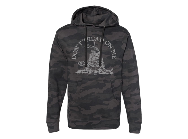 Dark-Gray camo hoodie with DON'T TREAD ON ME written in light-gray on the top