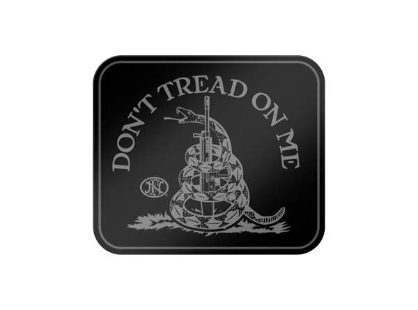 Black Tin sign with Don't Tread on Me written in white and a snake slithered around a machine gun