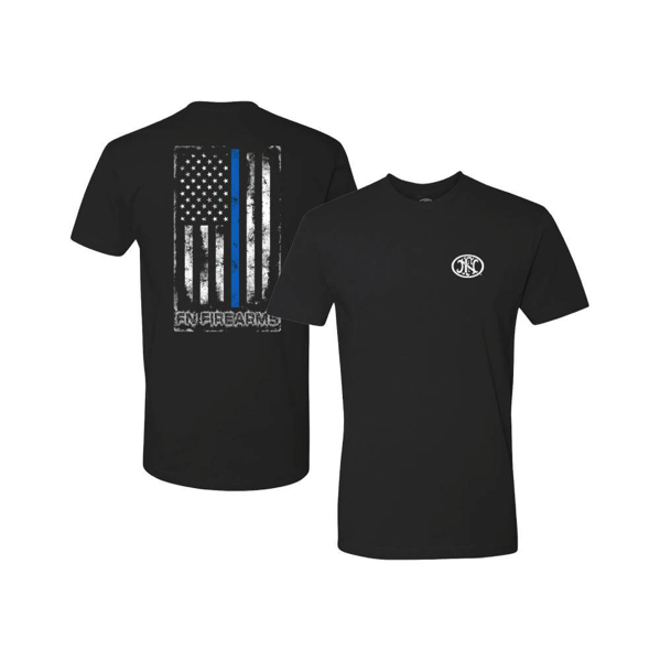 Black tee with american flag on back and fn logo front