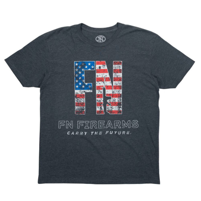Gray tee with the FN logo in American Flag colors