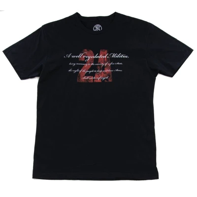 Black Tee with red 2A and white script across the front chest