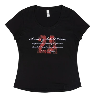 Womans black tee with red 2A and white script across the front chest