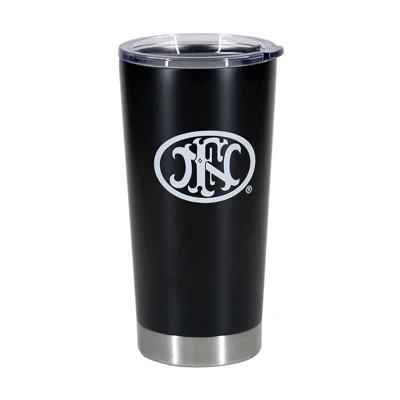 black aluminum tumbler, 20 oz, with lid and white FN logo printed on it.