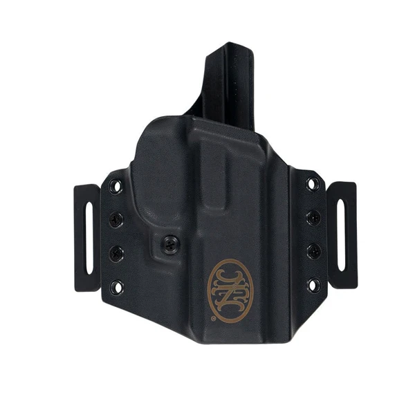 Front view of the FNX 45 black kydex holster with pancake loops with the FN logo stamp