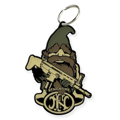 2" PVC keychain wirh the FN Gnome holding a gun with the logo under it.