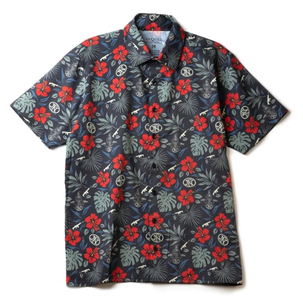 Red and black polyester button up tee shirt with flowers and FN firearms