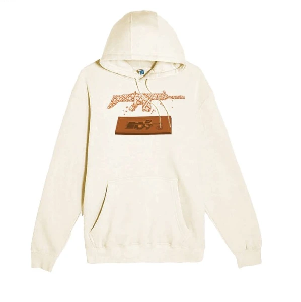 White FN America sweatshirt with a chocolate/waffle version of a gun on the front-center
