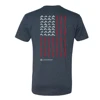 Back of the t-shirt,  red stripes and  white little guns in the shape of the american flag