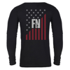Black long sleeve shirt with the american flag in red and white, and the FN logo printed on the center