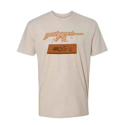 Unisex sand t-shirt with a waffle gun and chocolate bar on the center.