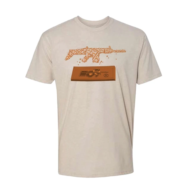 Unisex sand t-shirt with a waffle gun and chocolate bar on the center.