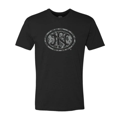 unisex black t-shirt with fn logo on the chest in black and grey camo