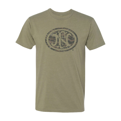 Gray Tee With FN Logo in a tiger camo on the chest