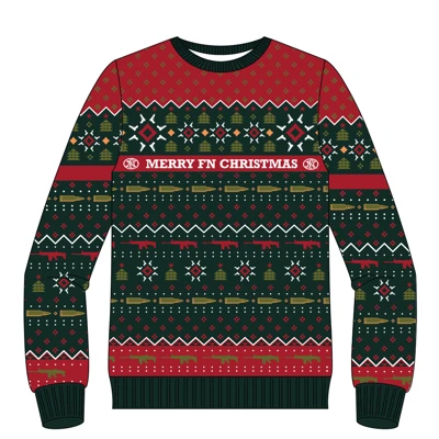 Image of a red and green sweater with a holiday FN pattern