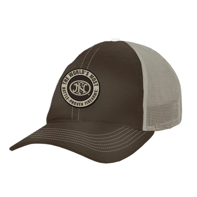 Image of a brown hat with a tan FN patch on the front