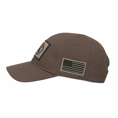 Khaki hat with embroided patch and woven USA flag patch on side