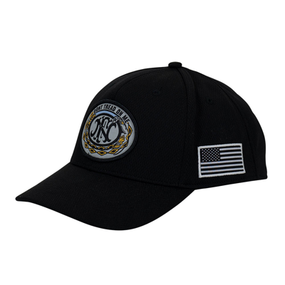 Image of a black hat with yellow and gray 'Don't Tread On Me' design on front and American Flag patch on the side