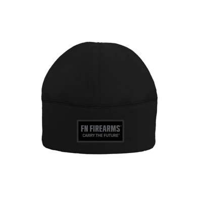 Image of the front of a black beanie with a patch and a FN design on it