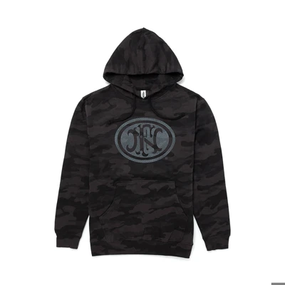 FN America hoodie with camo texture and a black version of the FN America logo on the middle.