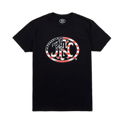Black t-shirt from FN America with an American flag version of the FN logo on the center