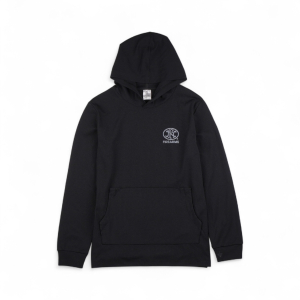 Front view of Durable Concealment Hoodie in black with FN Firearms logo and concealed carry pass-through pocket