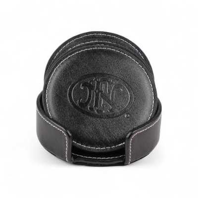 Set of bonded leather coasters with debossed FN logo in matching holder