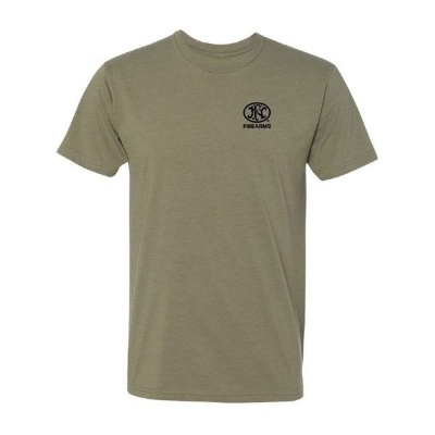 Back view of an military green t-shirt featuring a tactical soldier graphic with an American flag background, and the FN Firearms logo printed beside the design.
