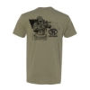 Back view of an military green t-shirt featuring a tactical soldier graphic with an American flag background, and the FN Firearms logo printed beside the design.
