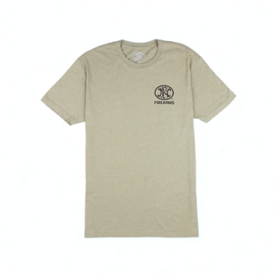 Back view of an military green t-shirt featuring a tactical soldier graphic with an American flag background, and the FN Firearms logo printed beside the design.