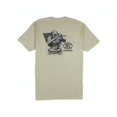 Back view of an military green t-shirt featuring a tactical soldier graphic with an American flag background, and the FN Firearms logo printed beside the design.