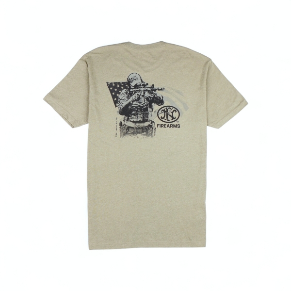 Back view of an military green t-shirt featuring a tactical soldier graphic with an American flag background, and the FN Firearms logo printed beside the design.