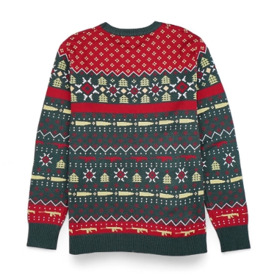 Image of a red and green sweater with a holiday FN pattern