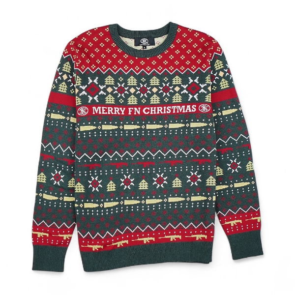Image of a red and green sweater with a holiday FN pattern